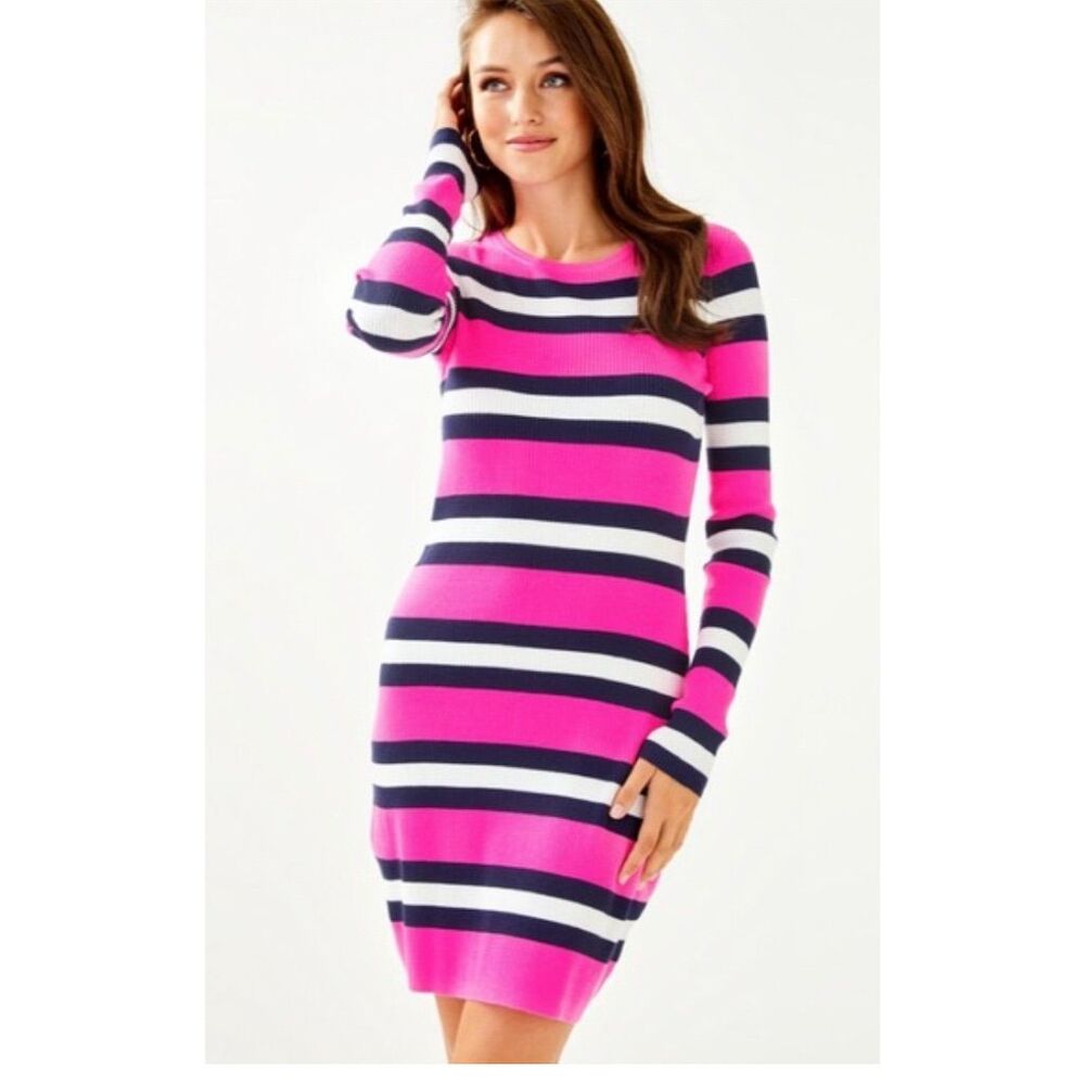 Lilly Pulitzer Adeen Sweater‎ Dress S Navy, Pink Striped Knee Length